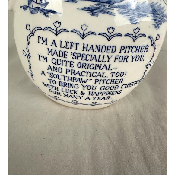 Pitcher Dutch Ceramic Left Handed Poem Blue Trim Lettering 5 Ins. Tall - Picture 3 of 7